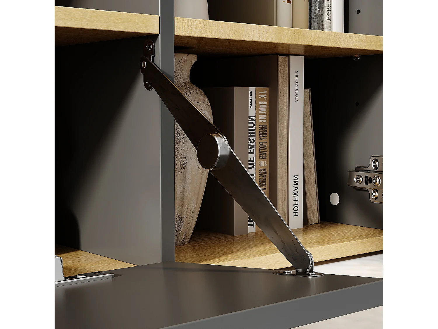 Meuble TV en gris foncé&bois naturel,7 espaces de rangement,3 portes à gauche et à droite,dispositif anti-basculement,180x40x40,5cm