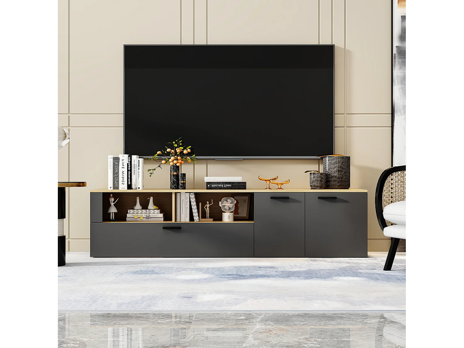 Meuble TV en gris foncé&bois naturel,7 espaces de rangement,3 portes à gauche et à droite,dispositif anti-basculement,180x40x40,5cm