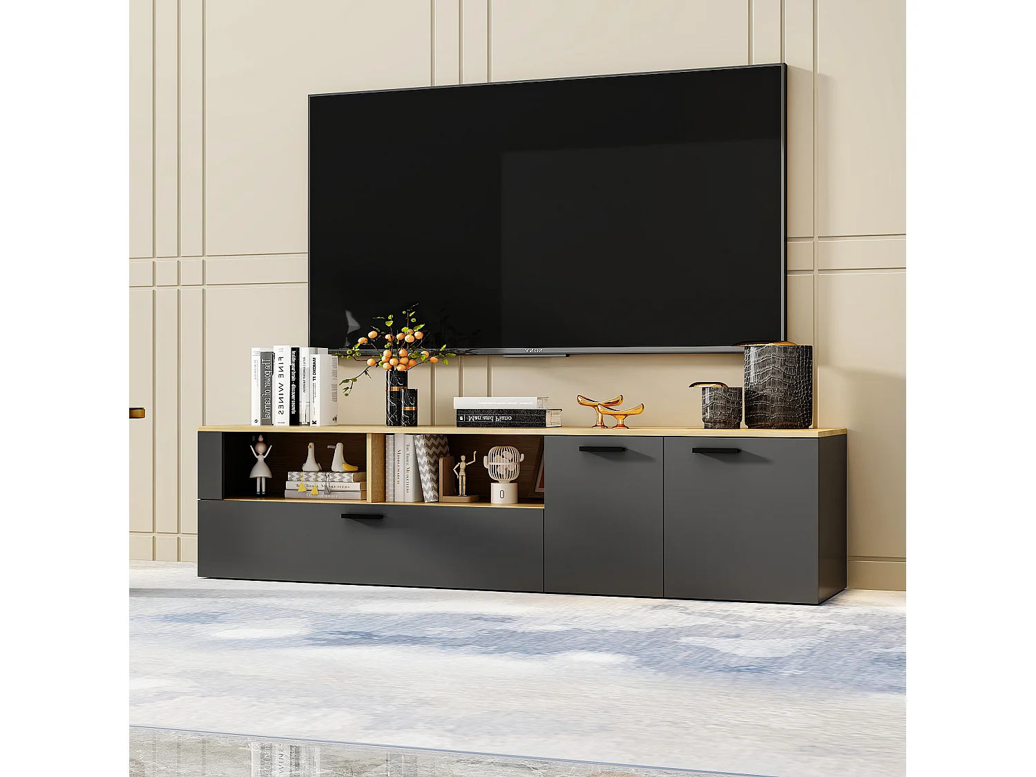 Meuble TV en gris foncé&bois naturel,7 espaces de rangement,3 portes à gauche et à droite,dispositif anti-basculement,180x40x40,5cm