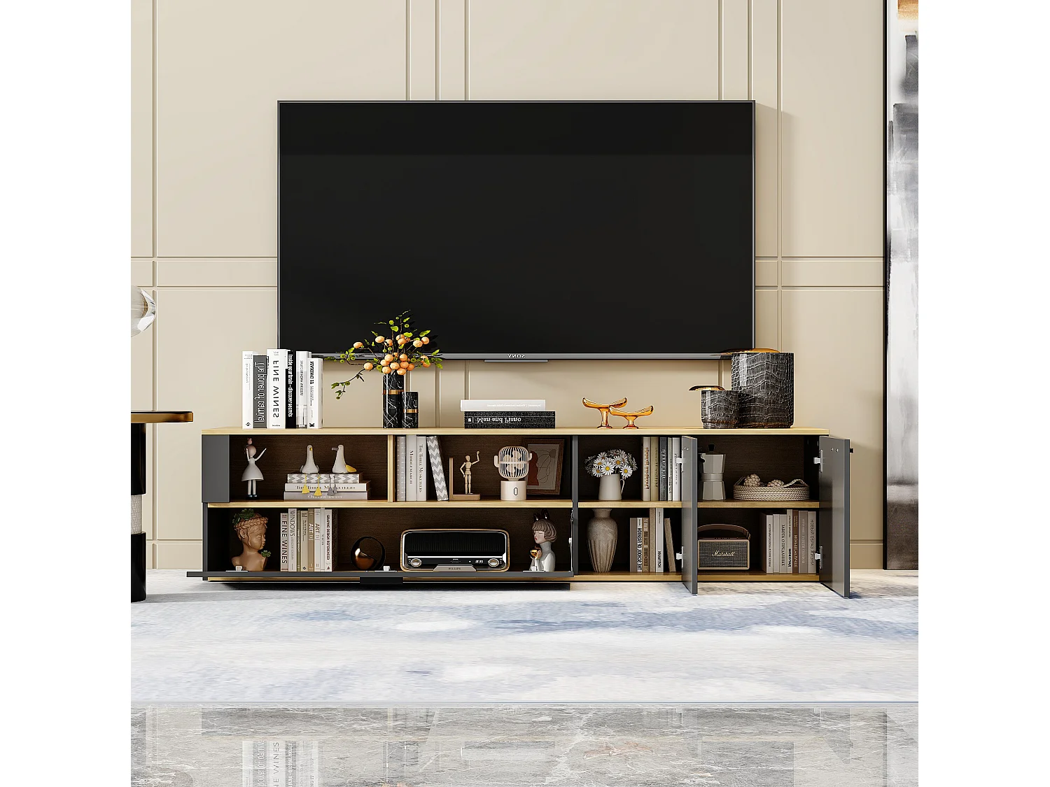 Meuble TV en gris foncé&bois naturel,7 espaces de rangement,3 portes à gauche et à droite,dispositif anti-basculement,180x40x40,5cm