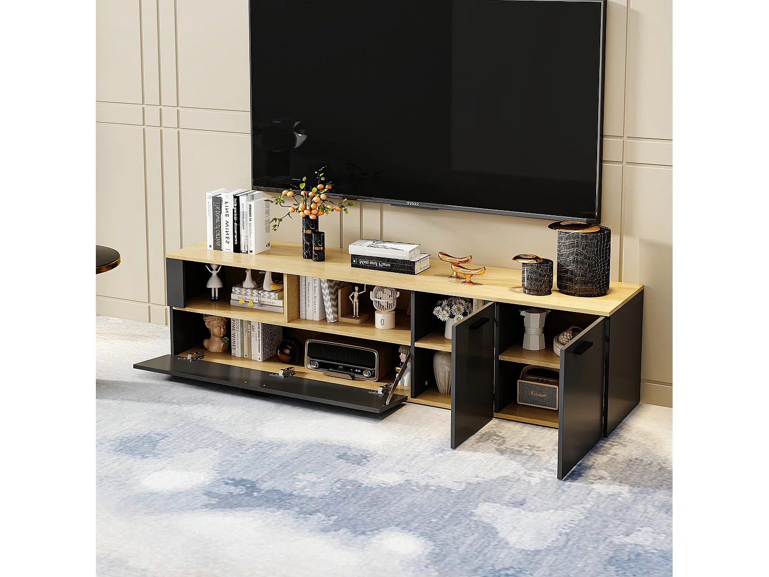 Meuble TV en gris foncé&bois naturel,7 espaces de rangement,3 portes à gauche et à droite,dispositif anti-basculement,180x40x40,5cm