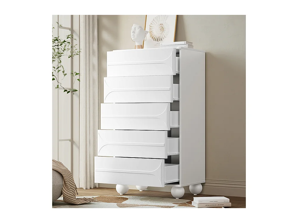 Kommode mit 5 Schubladen in elegantem Waffeldesign - weiße Metallfüße, viel Stauraum, abgerundete Ecken.