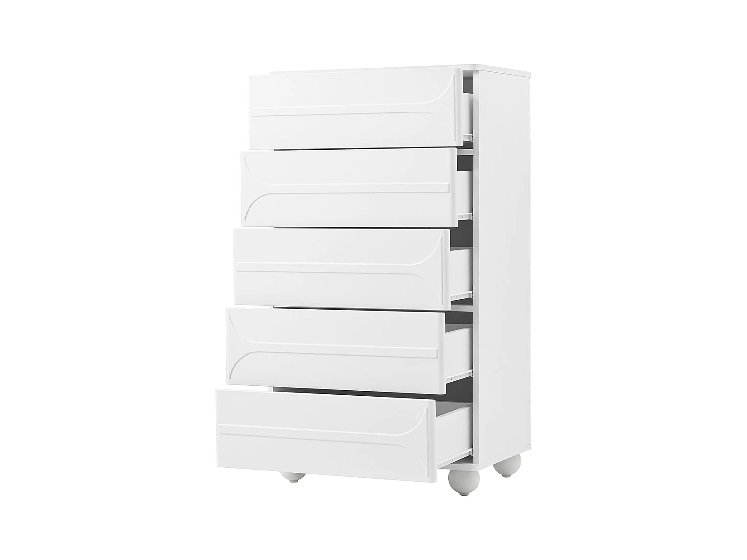 Kommode mit 5 Schubladen in elegantem Waffeldesign - weiße Metallfüße, viel Stauraum, abgerundete Ecken.