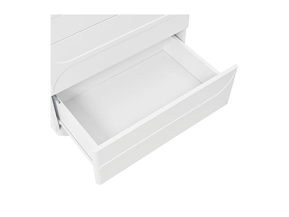 Kommode mit 5 Schubladen in elegantem Waffeldesign - weiße Metallfüße, viel Stauraum, abgerundete Ecken.