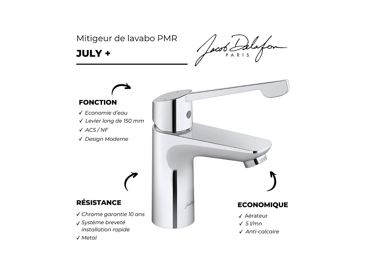 Mitigeur lavabo PMR JACOB DELAFON July+ sans vidage Chromé