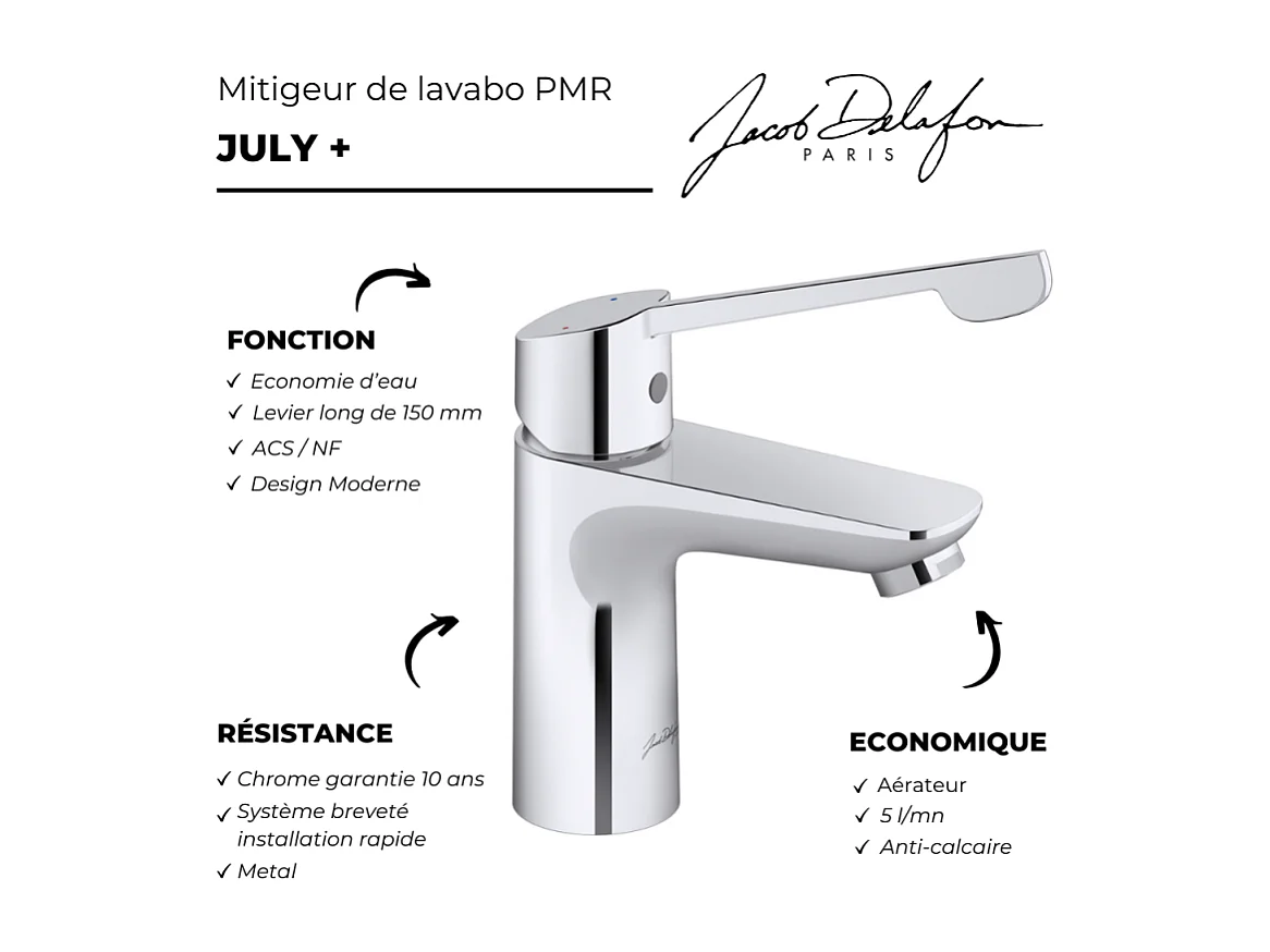 Mitigeur lavabo PMR JACOB DELAFON July+ sans vidage Chromé