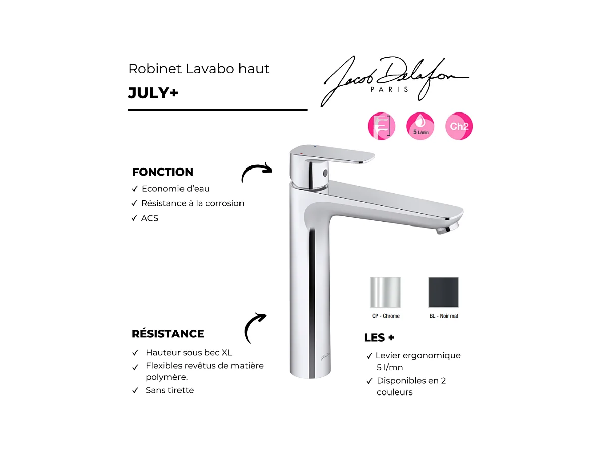 Mitigeur lavabo L JACOB DELAFON July+ sans vidage Chromé