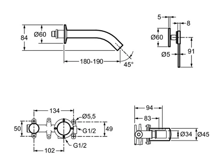 Mitigeur lavabo encastré JACOB DELAFON Grands Boulevards Noir mat  + poignée + corps encastré