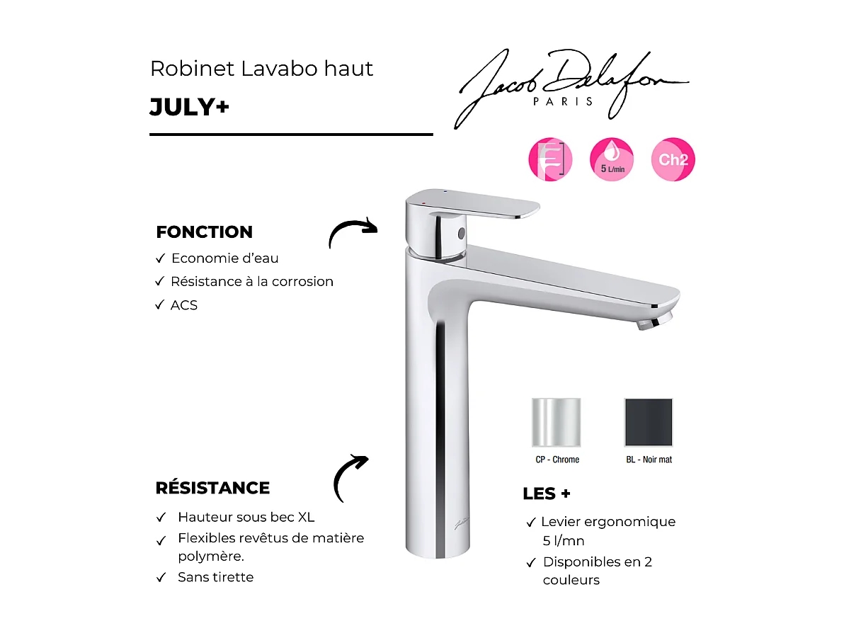 Mitigeur lavabo L JACOB DELAFON July+ sans vidage Noir mat