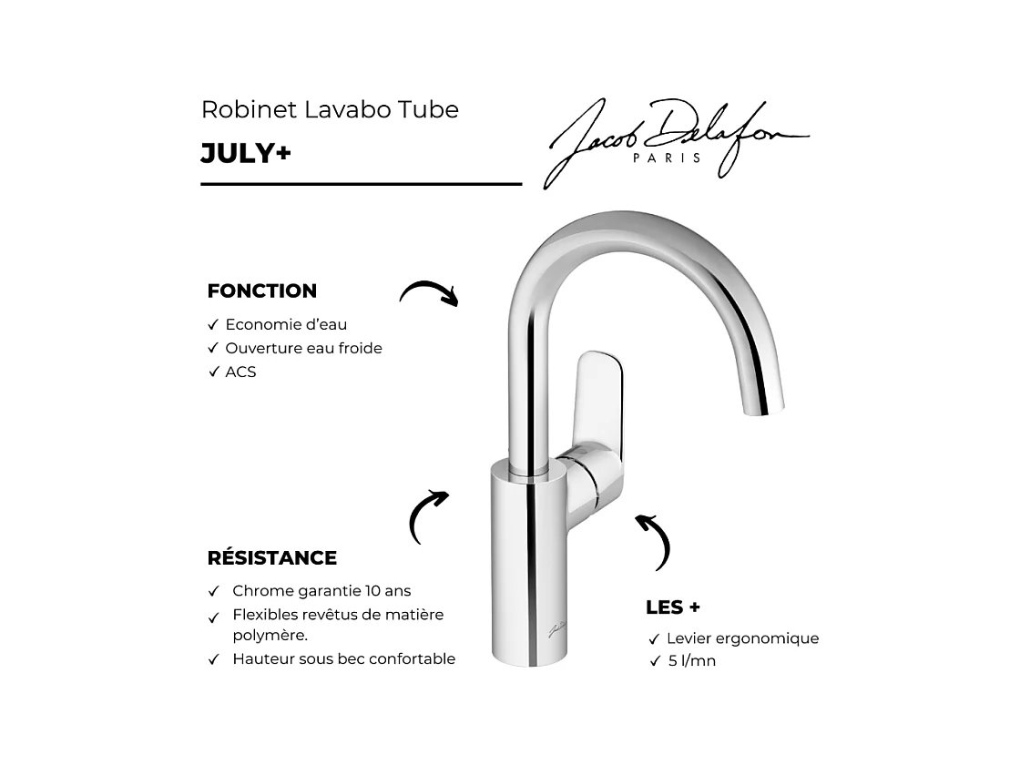 Mitigeur lavabo tube JACOB DELAFON July+ avec vidage Chromé