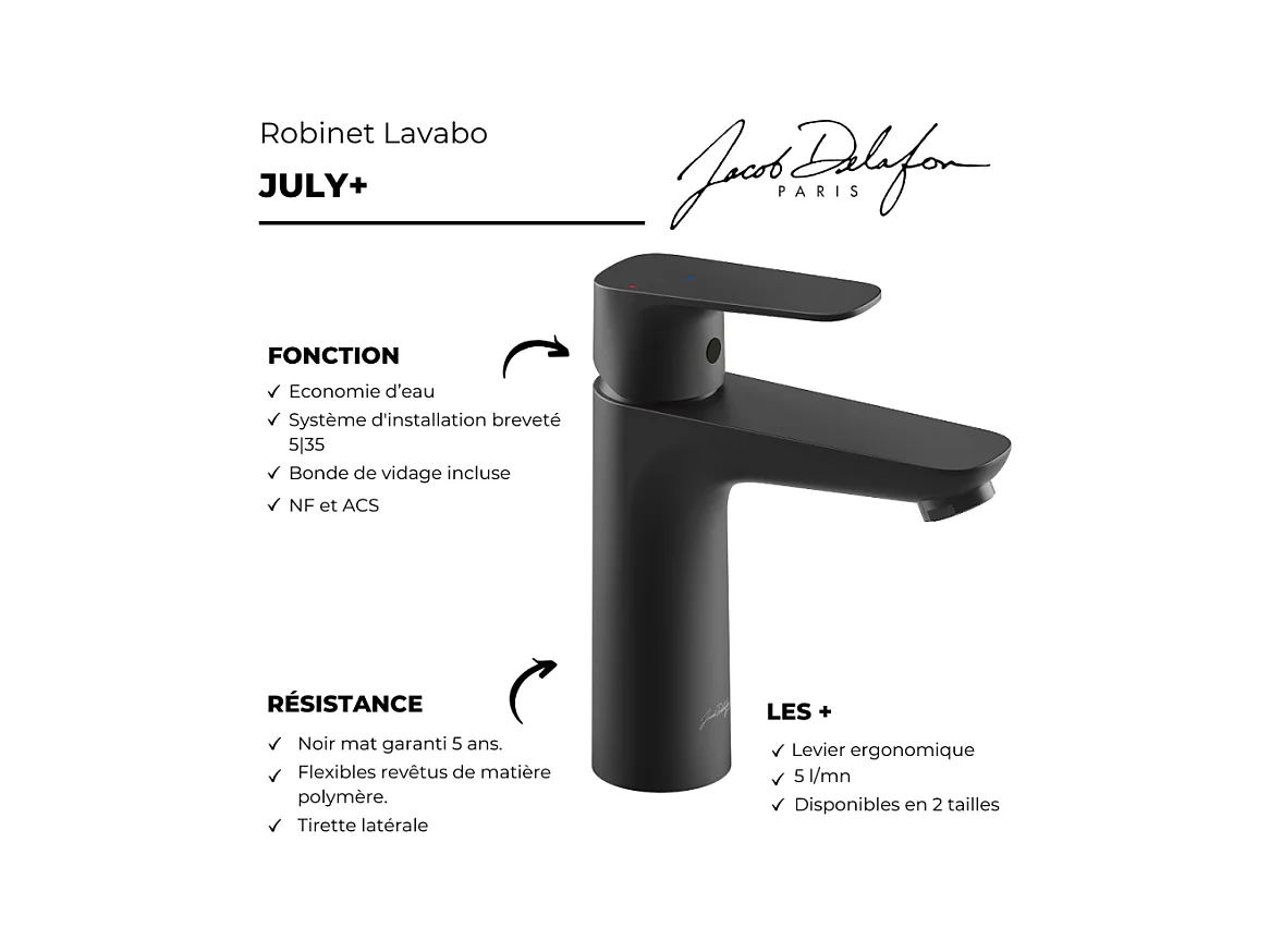 Mitigeur lavabo S JACOB DELAFON July+ avec vidage Noir mat
