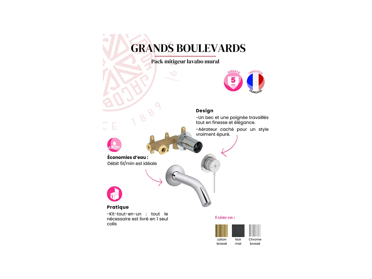 Mitigeur lavabo encastré JACOB DELAFON Grands Boulevards Chromé  + poignée + corps encastré