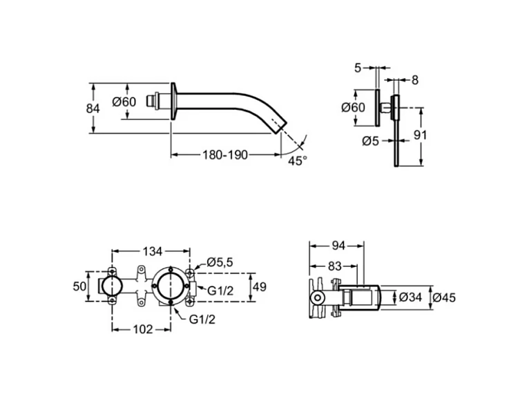Mitigeur lavabo encastré JACOB DELAFON Grands Boulevards Chromé  + poignée + corps encastré