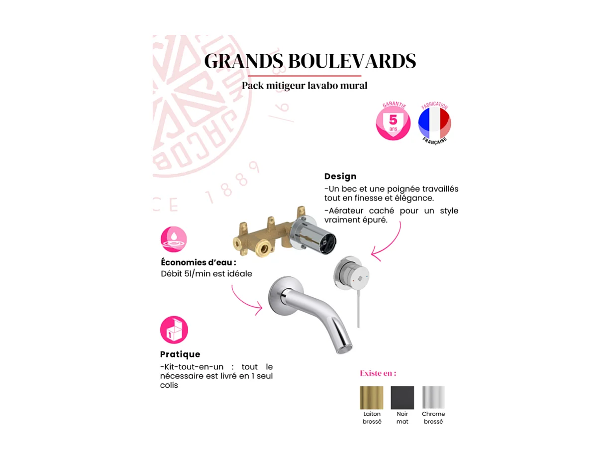 Mitigeur lavabo encastré JACOB DELAFON Grands Boulevards Chromé  + poignée + corps encastré