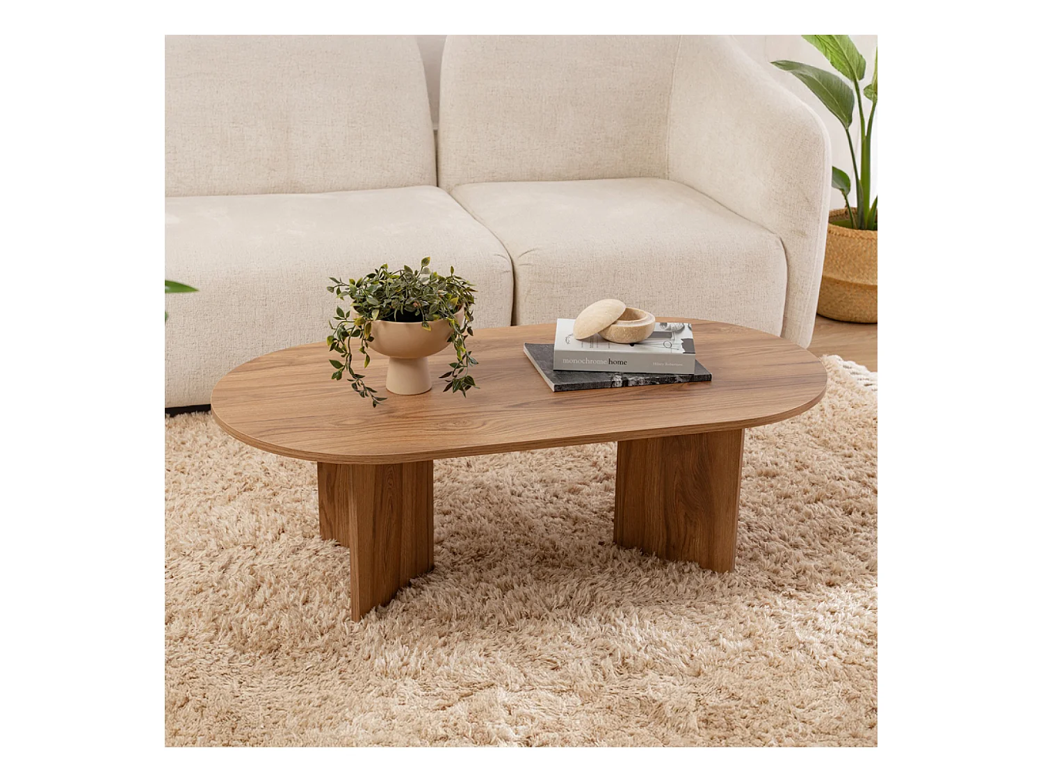 Mesa de centro oval design em madeira castanha 120cm com arrumação