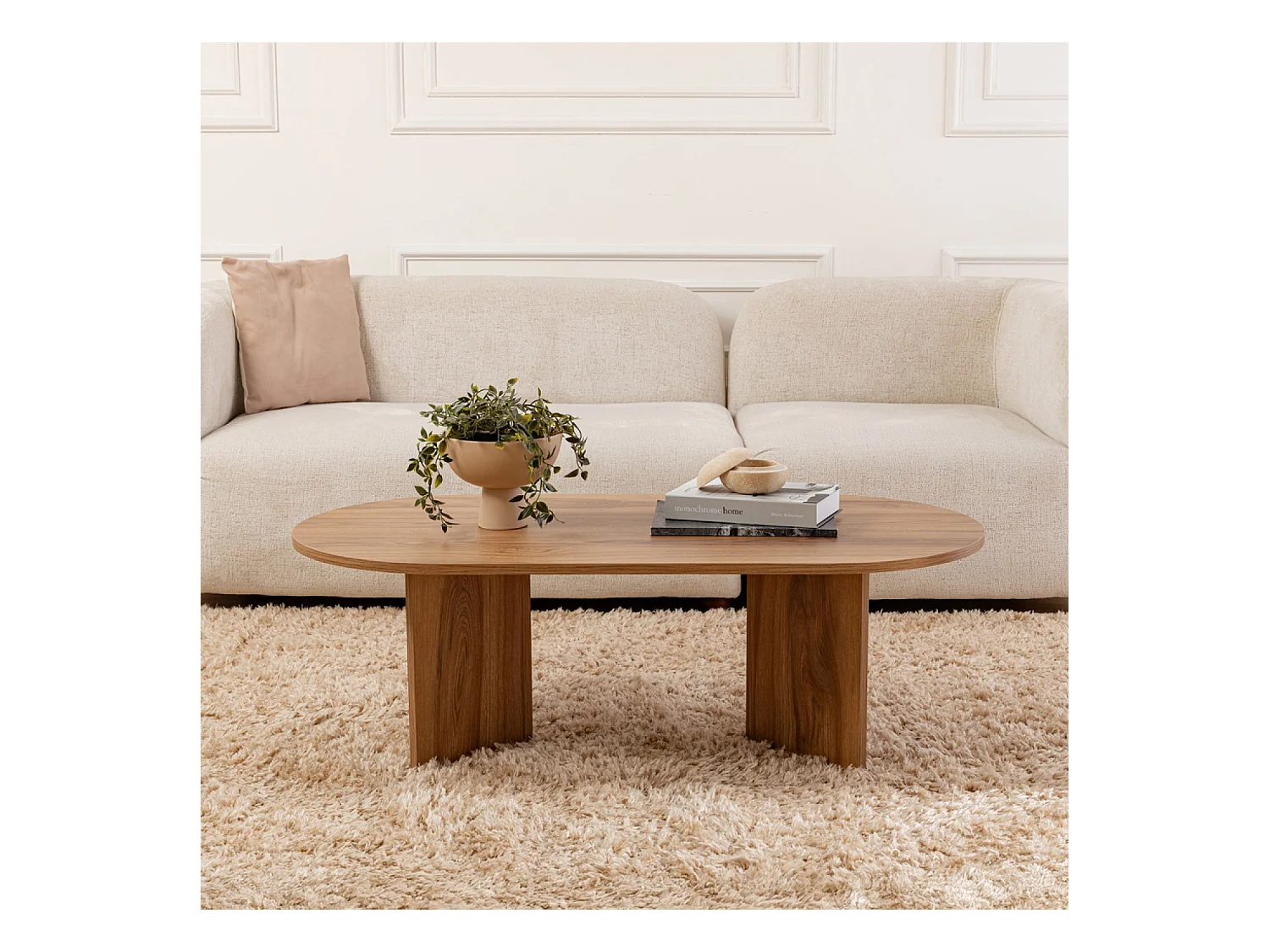 Mesa de centro oval design em madeira castanha 120cm com arrumação