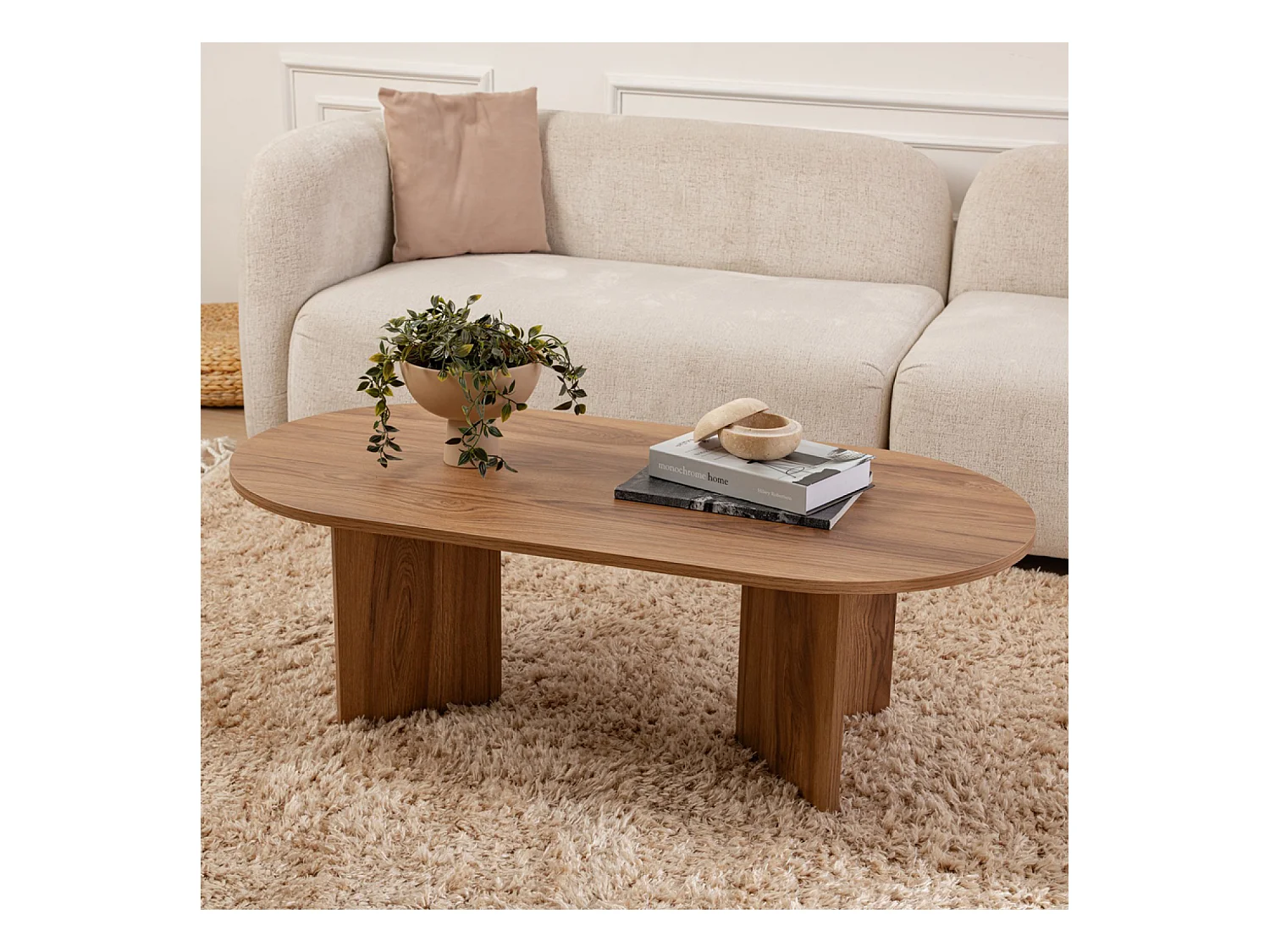 Mesa de centro oval design em madeira castanha 120cm com arrumação
