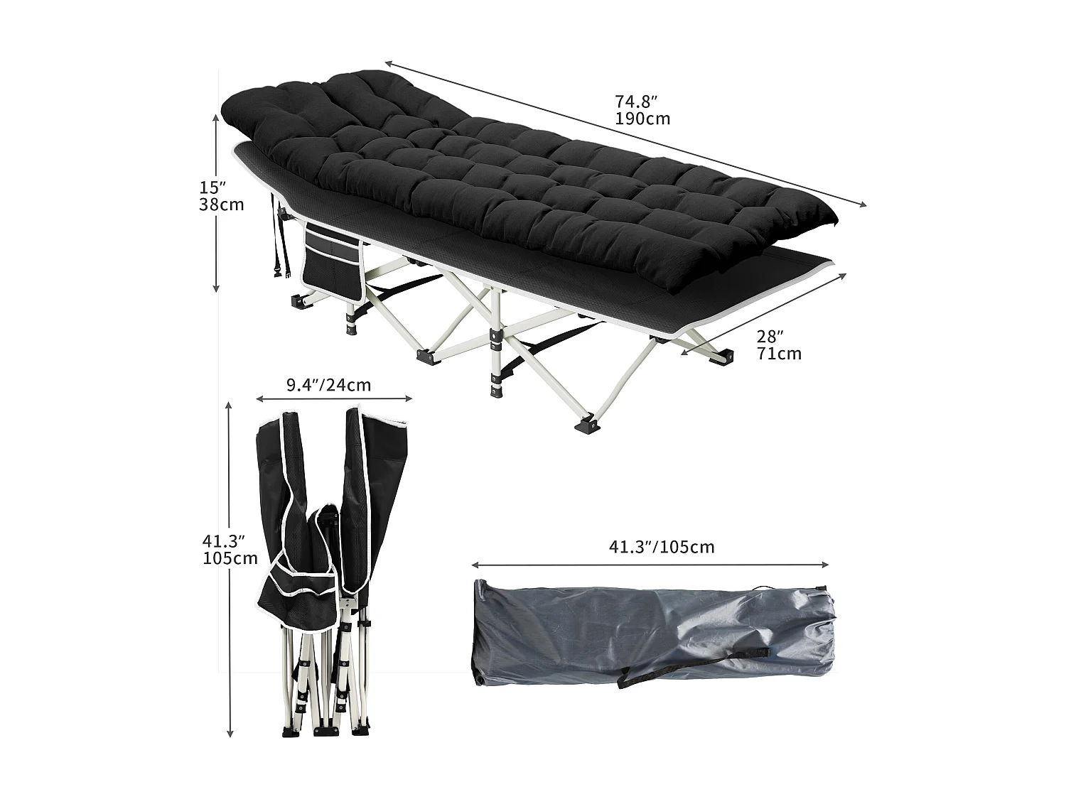 YITAHOME Lit de Camping Pliant - Portable - 190 x 71 x 38 CM - Avec Matelas - Capacité de 300 kg - Noir