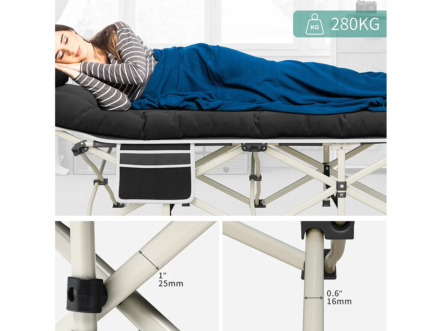 YITAHOME Lit de Camping Pliant - Portable - 190 x 71 x 38 CM - Avec Matelas - Capacité de 300 kg - Noir