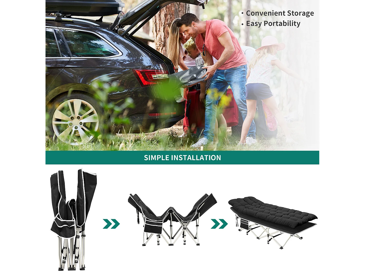 YITAHOME Lit de Camping Pliant - Portable - 190 x 71 x 38 CM - Avec Matelas - Capacité de 300 kg - Noir