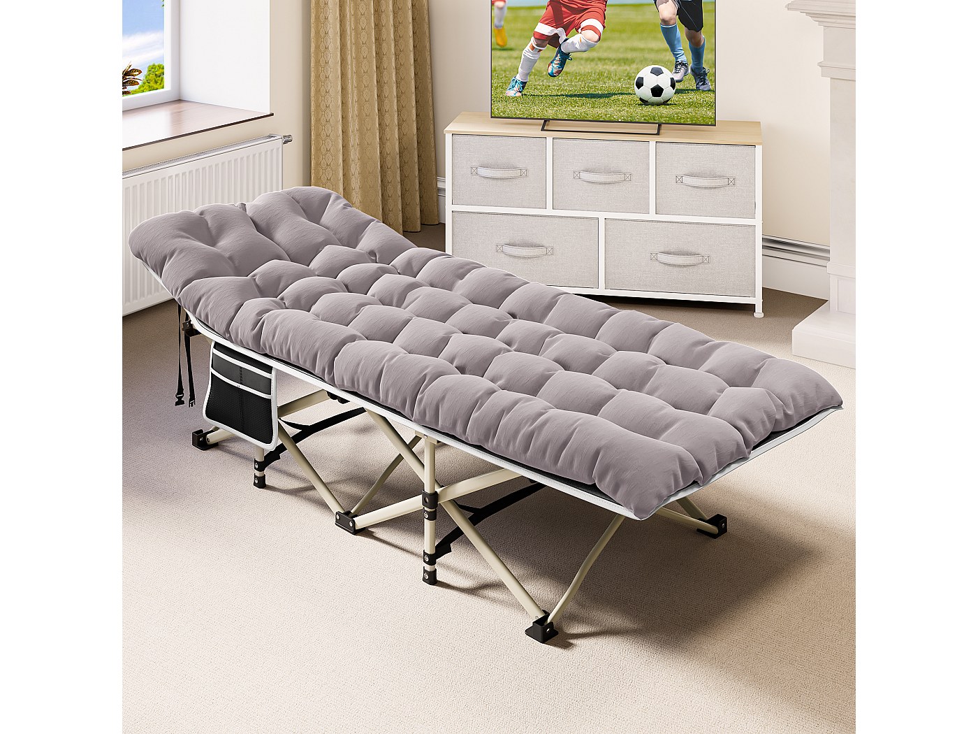Lit De Camp Pliant NAIZEA Pour Adulte – Gris Avec Tapis – Portable 190x68cm