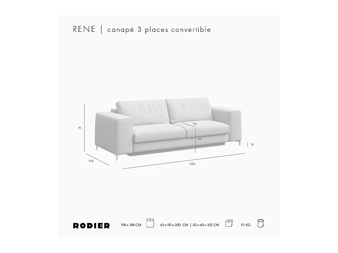 Rodier Canapé 3 places convertible Rene gris clair