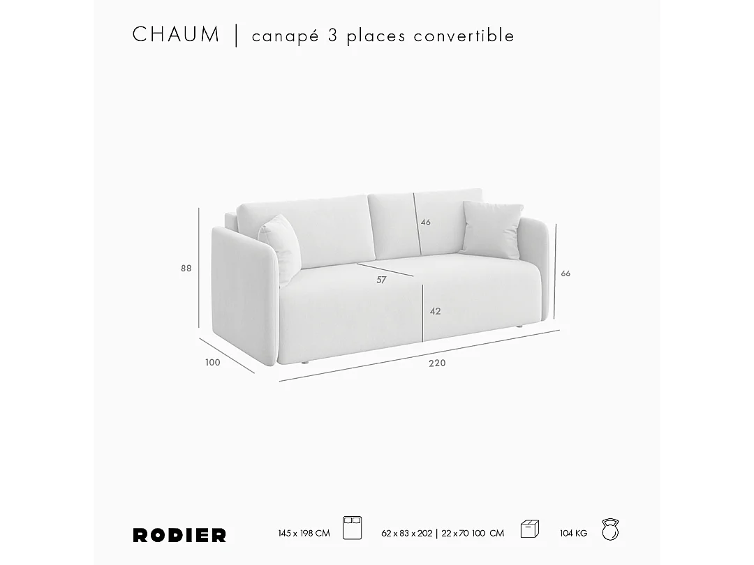 Rodier Canapé 3 places convertible Chaum rose foncé