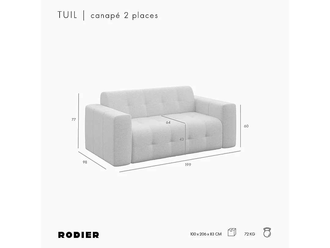 Rodier Canapé 2 places Tuil gris argenté