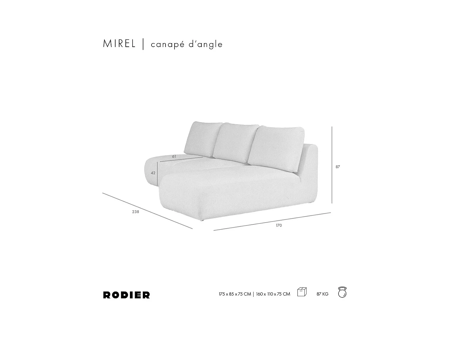 Rodier Canapé méridienne droite sans accoudoirs Mirel brun