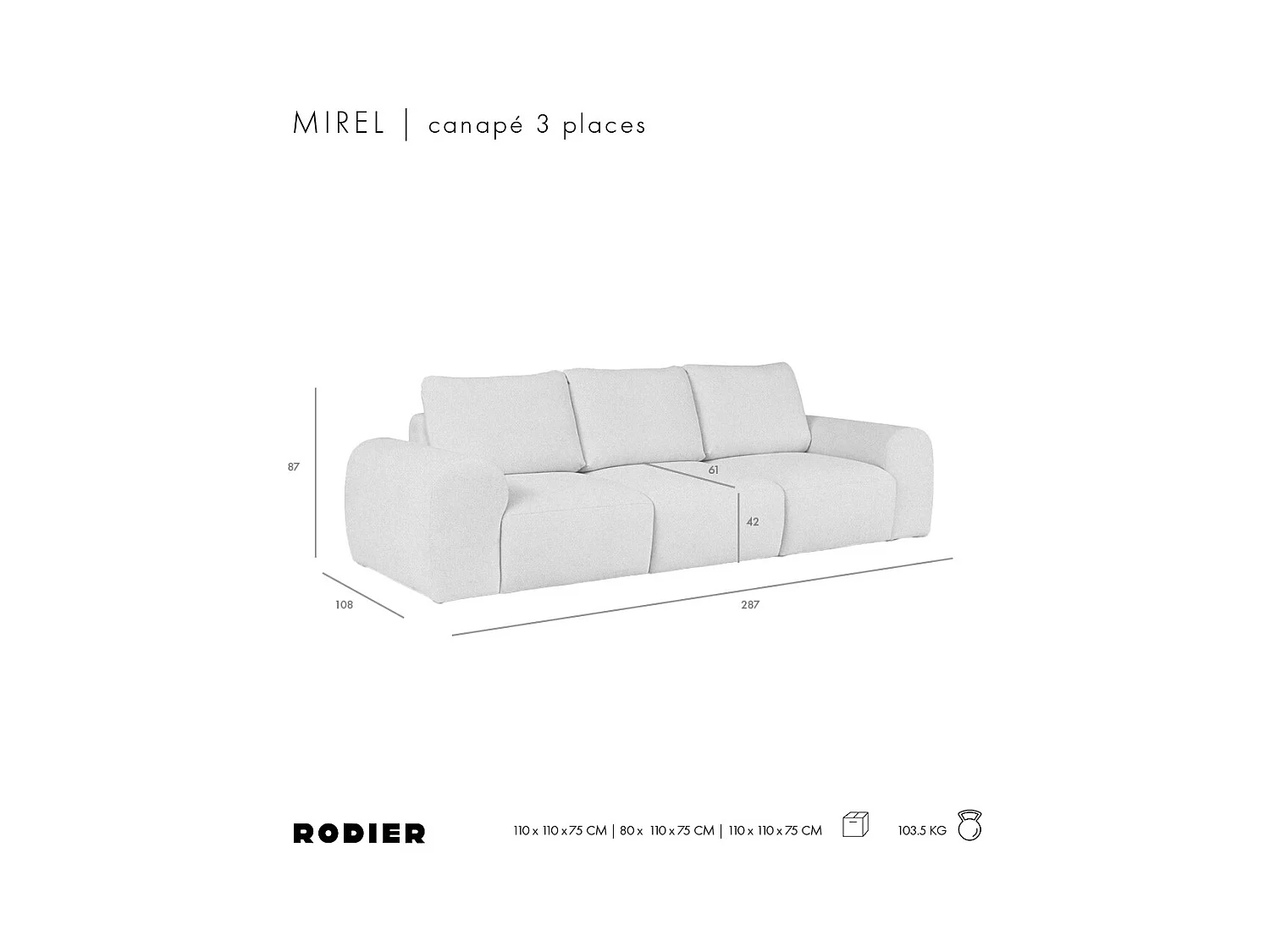 Rodier Canapé 3 places Mirel gris