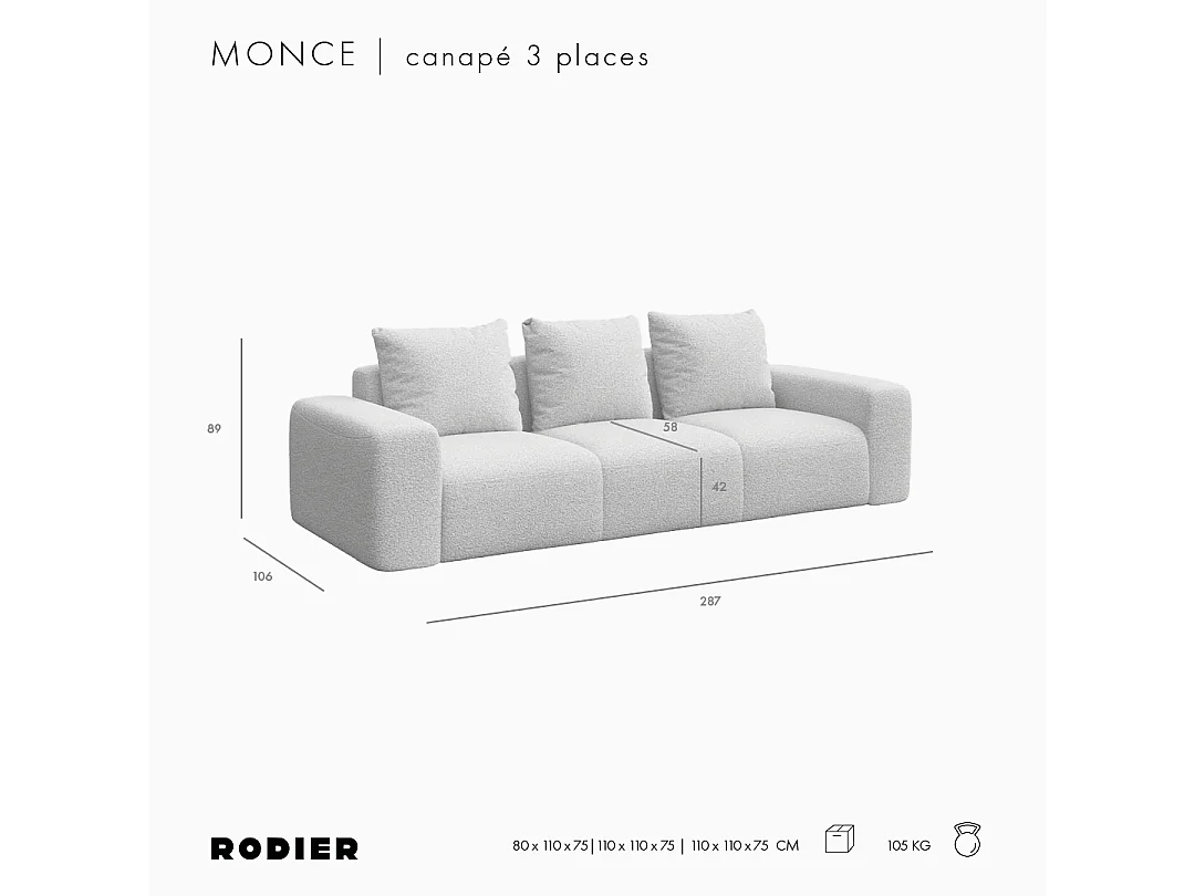 Rodier Canapé 3 places Monce gris clair