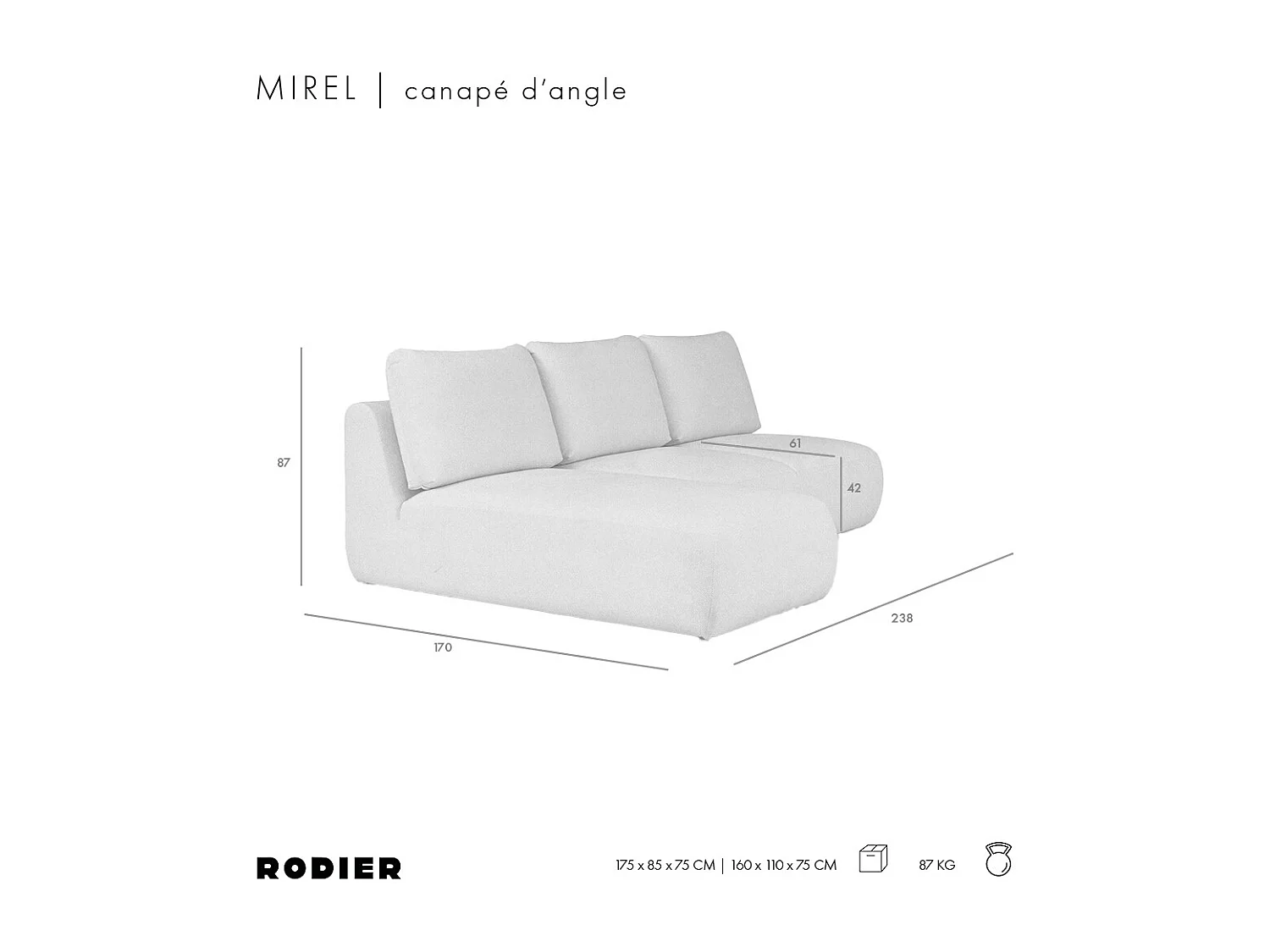 Rodier Canapé méridienne gauche sans accoudoirs Mirel rose