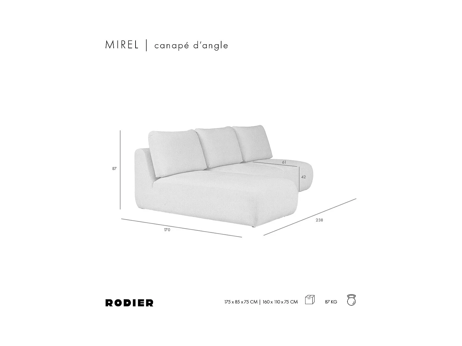 Rodier Canapé méridienne gauche sans accoudoirs Mirel brun