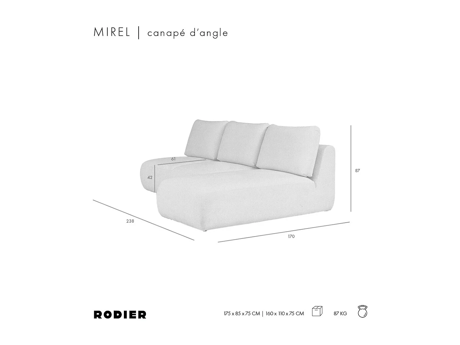 Rodier Canapé méridienne droite sans accoudoirs Mirel rose