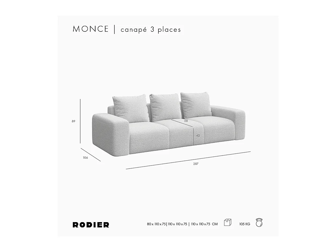 Rodier Canapé 3 places Monce anthracite