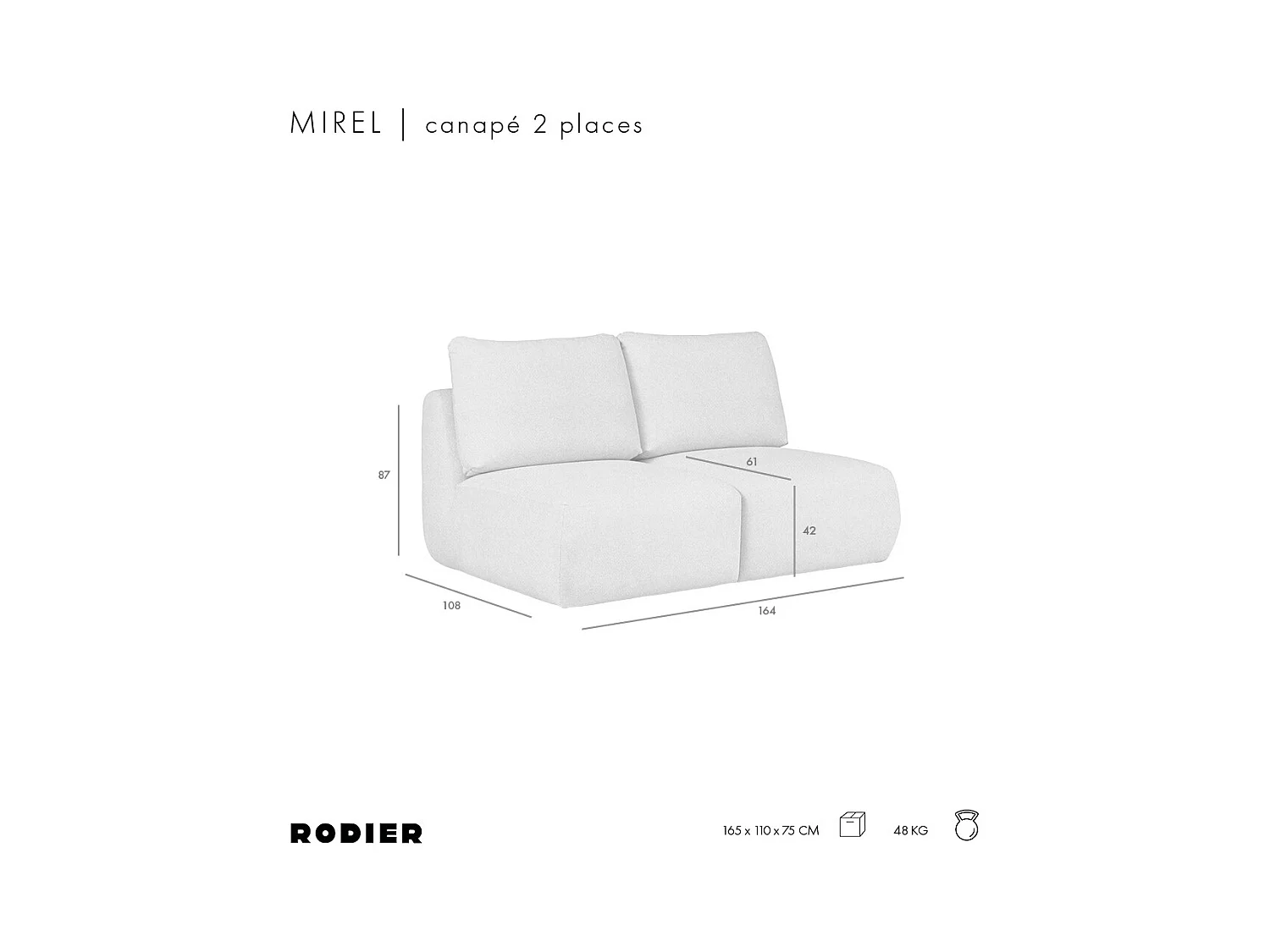 Rodier Canapé 2 places sans accoudoirs Mirel rose