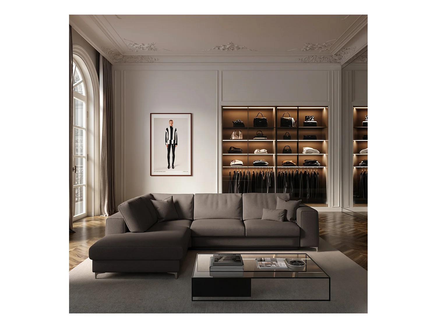 Rodier Grand Canapé d'angle gauche convertible Rene gris cendré