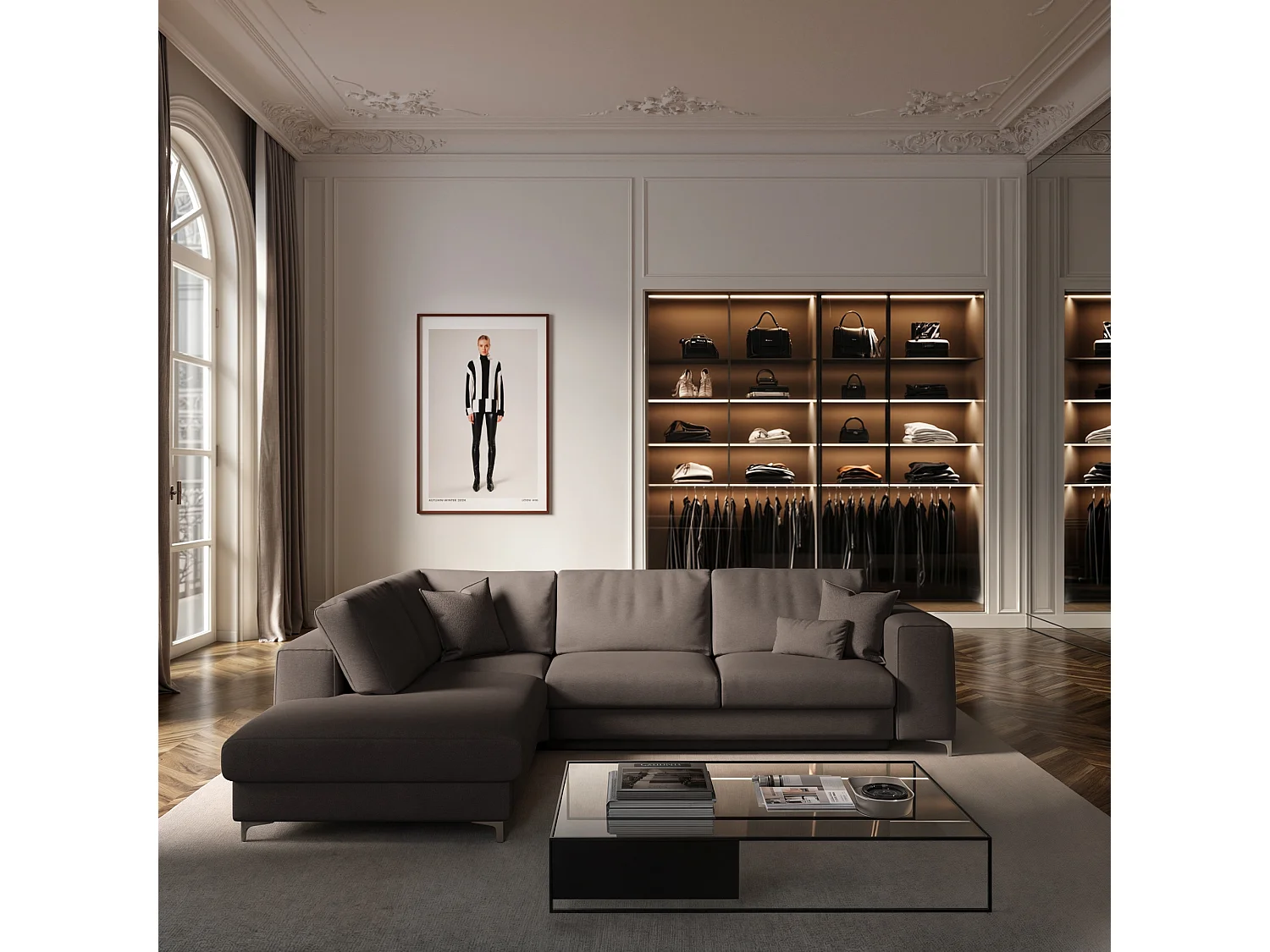 Rodier Grand Canapé d'angle gauche convertible Rene gris cendré