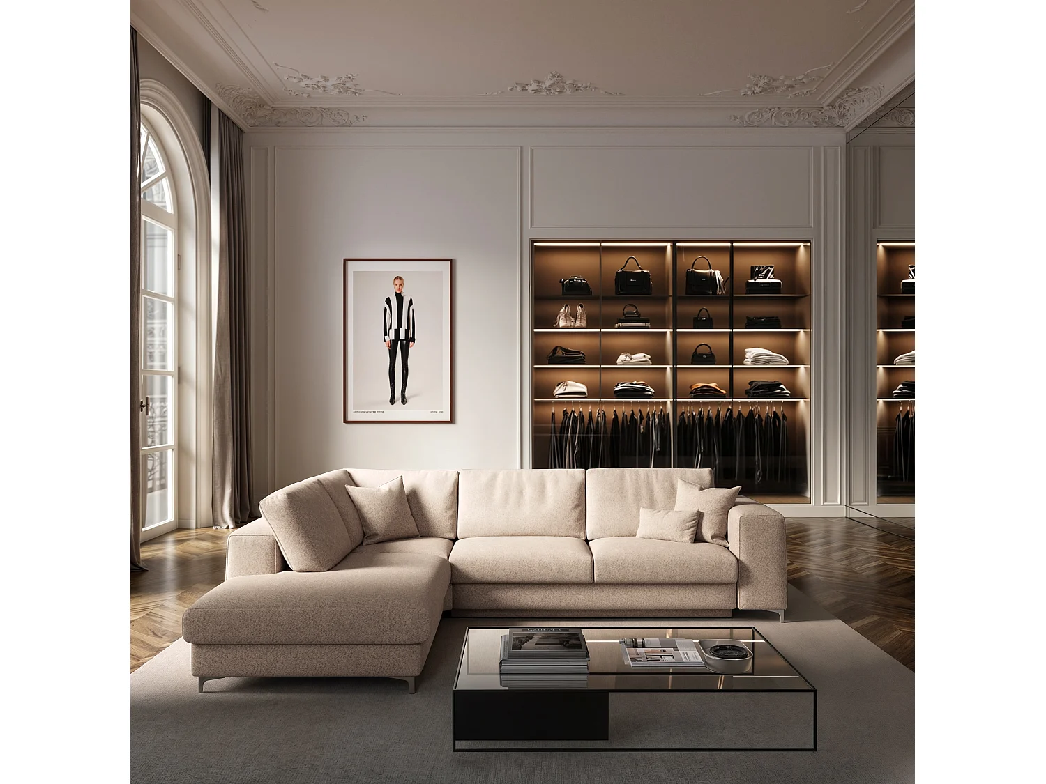 Rodier Grand Canapé d'angle gauche convertible Rene beige clair