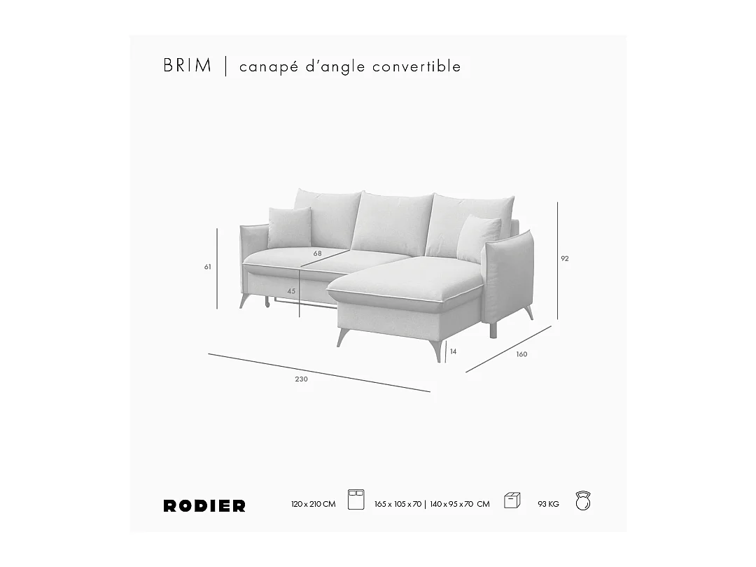 Rodier Canapé d'angle droit convertible Brim gris