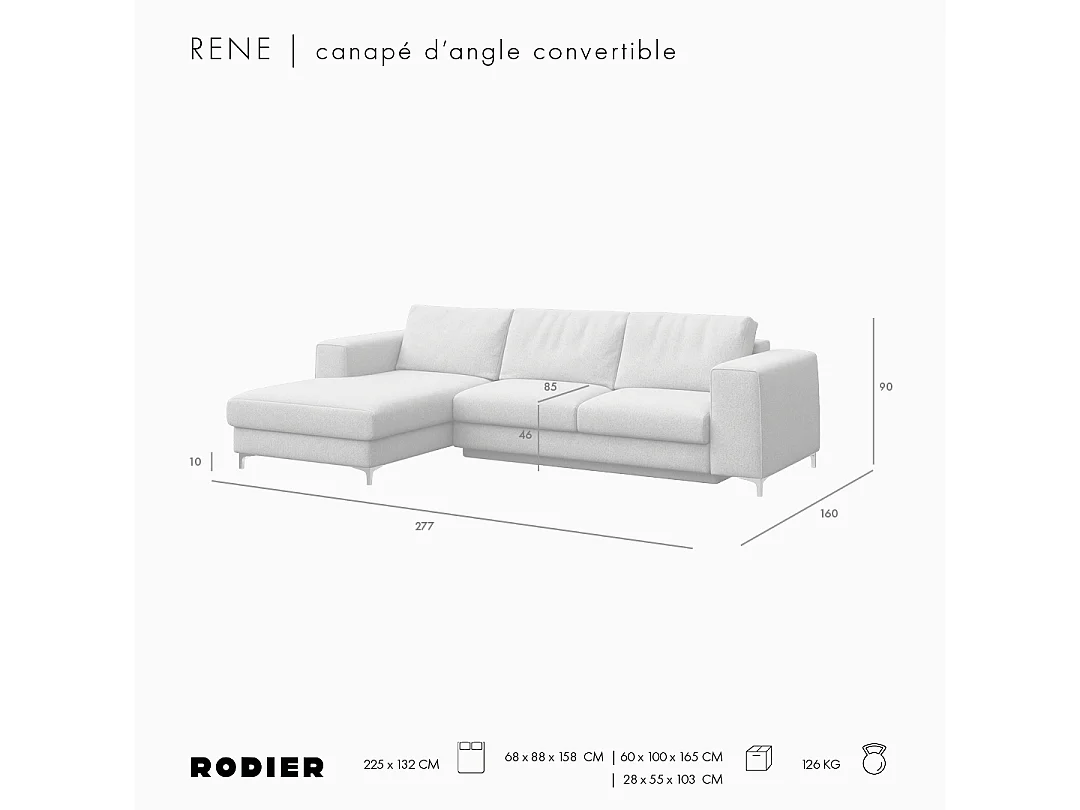 Rodier Canapé d'angle gauche convertible Rene gris cendré