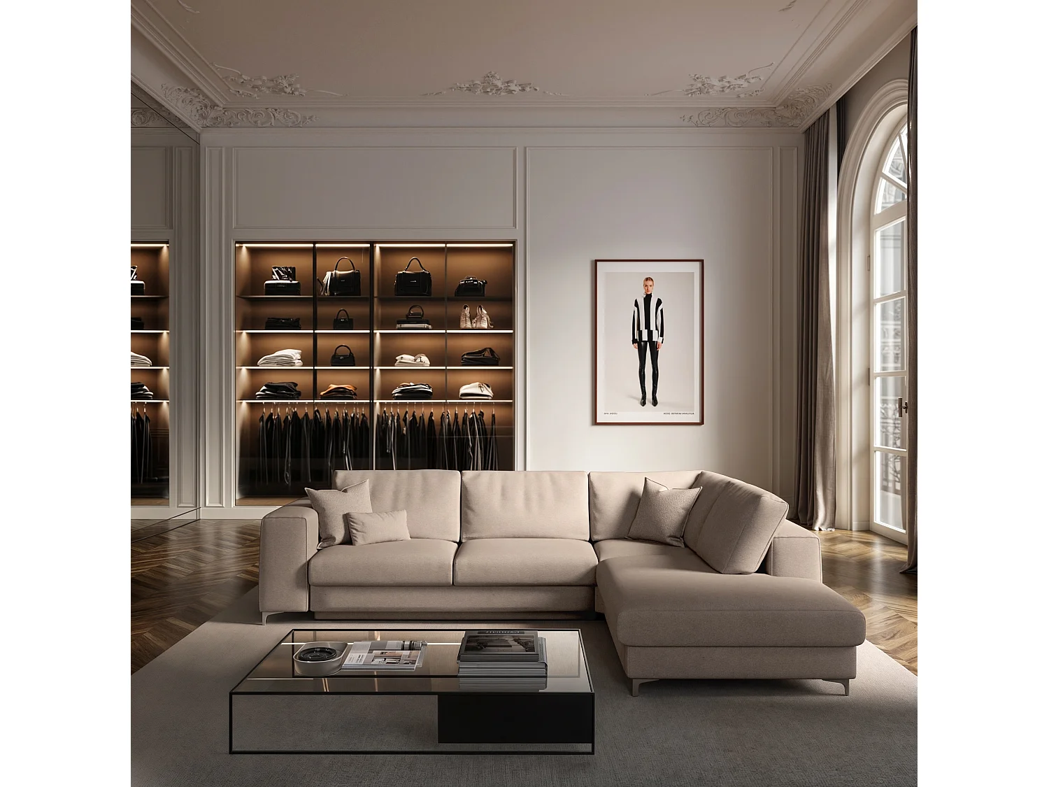 Rodier Grand canapé d'angle droit convertible Rene beige