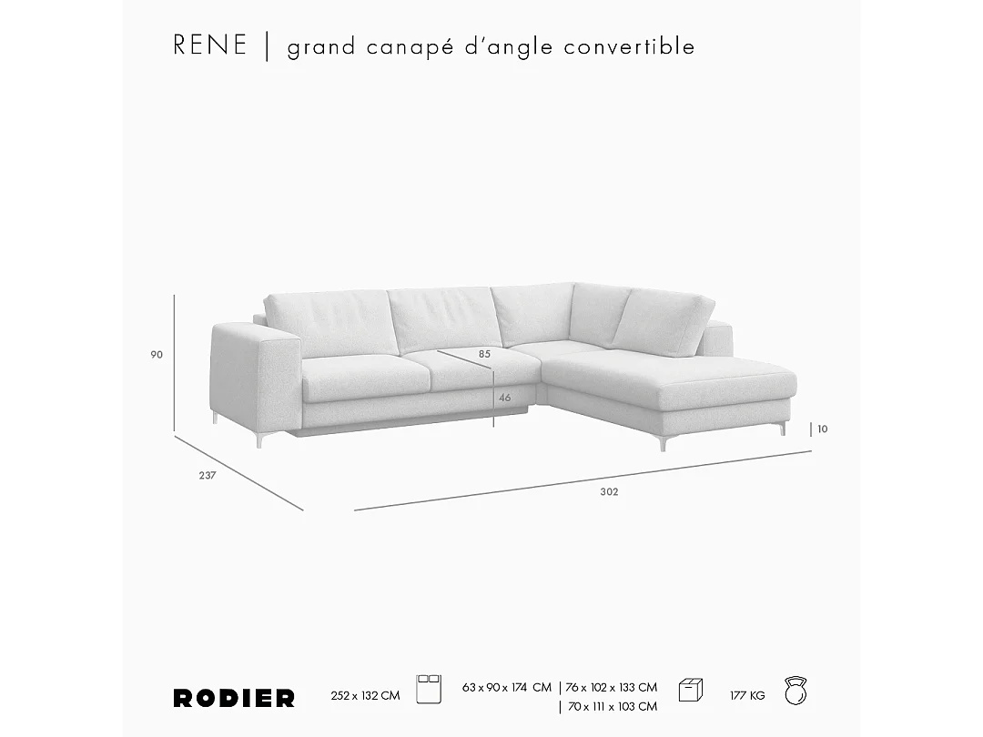 Rodier Grand canapé d'angle droit convertible Rene beige