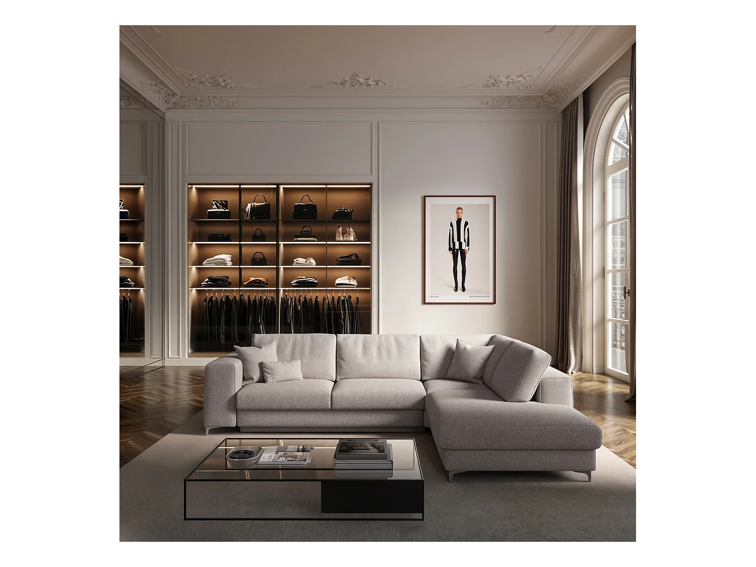 Rodier Grand canapé d'angle droit convertible Rene gris clair