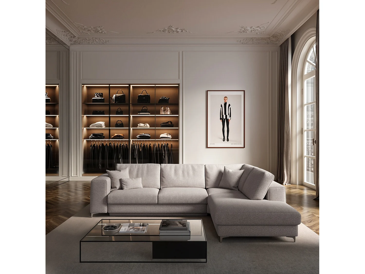 Rodier Grand canapé d'angle droit convertible Rene gris clair