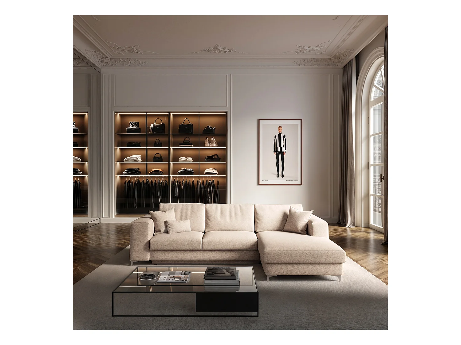 Rodier Canapé d'angle droit convertible Rene beige clair