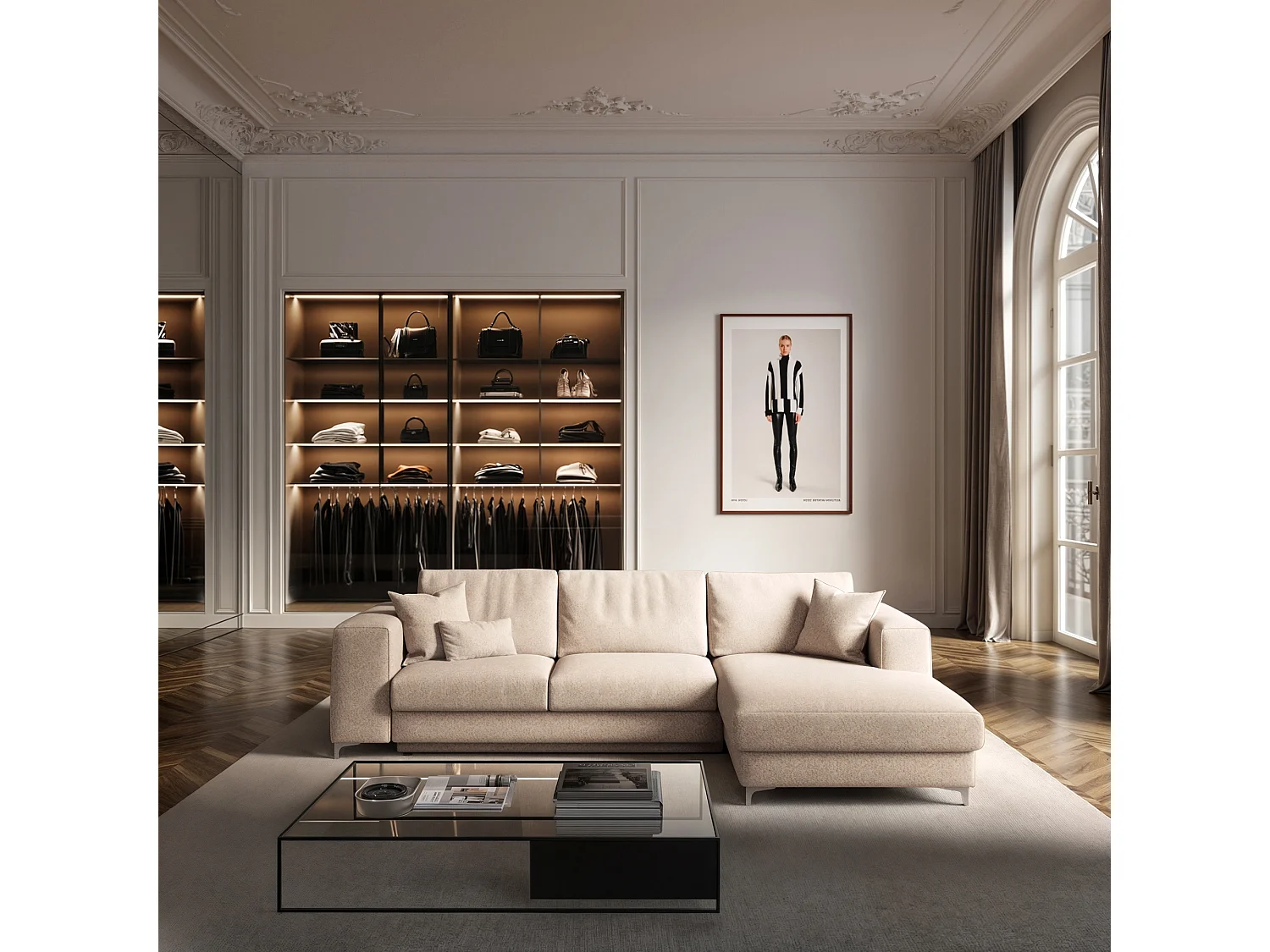 Rodier Canapé d'angle droit convertible Rene beige clair