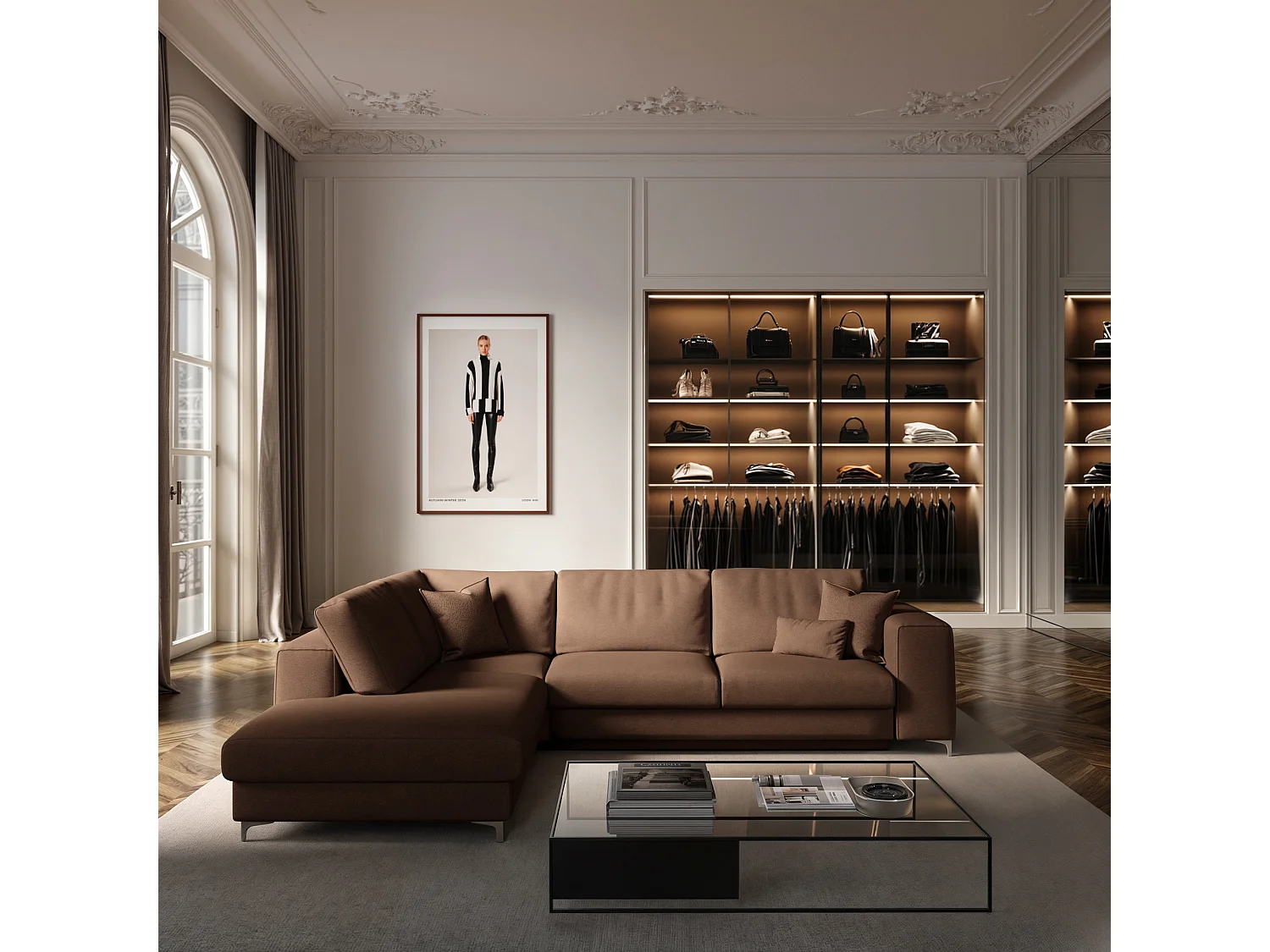 Rodier Grand Canapé d'angle gauche convertible Rene marron