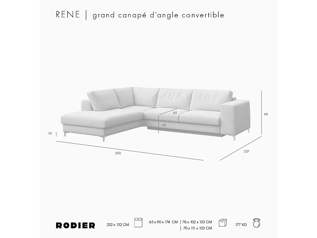 Rodier Grand Canapé d'angle gauche convertible Rene marron