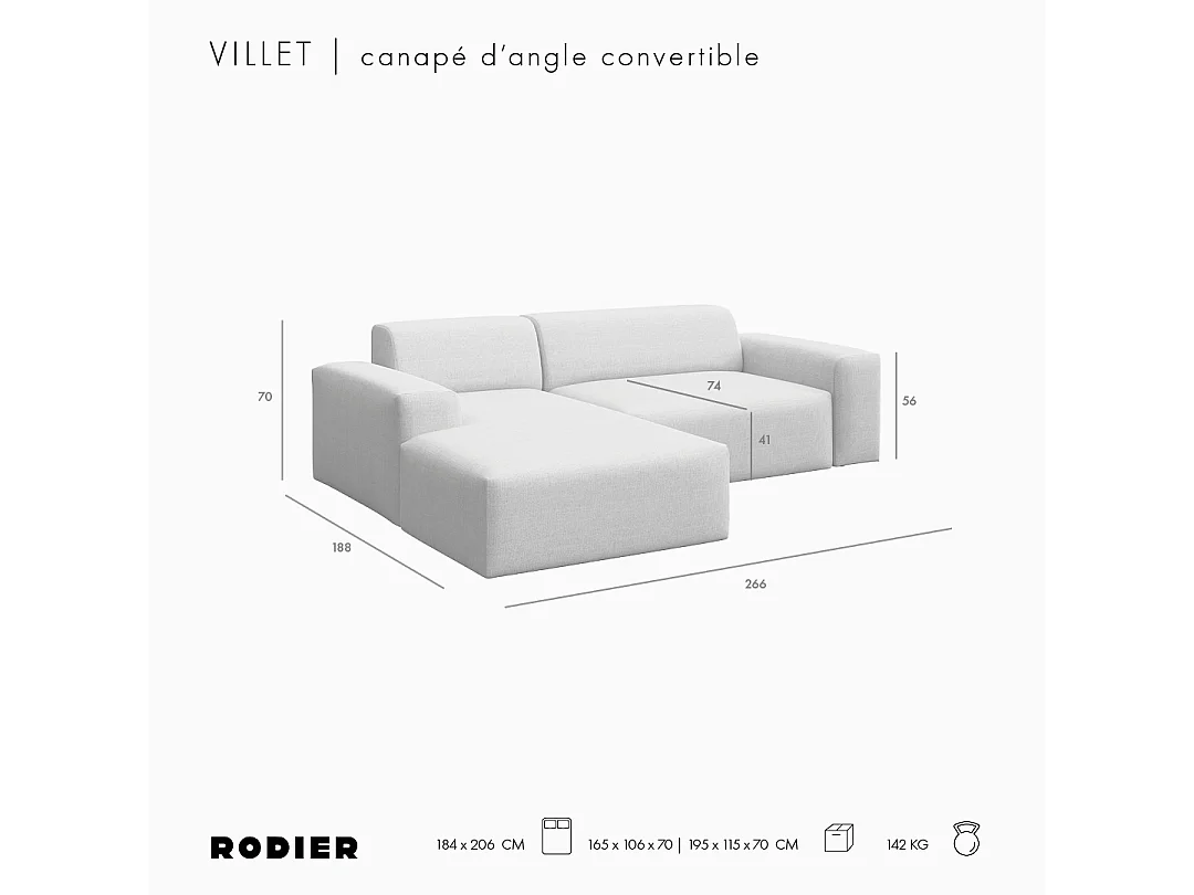 Rodier Canapé d'angle gauche convertible Villet gris